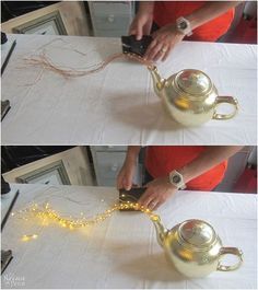 DIY Spilling Solar Lights {Teapot Lights} | Easy, budget friendly and one of a kind DIY backyard ornament and landscape lights | Upcycled teapot | Step-by-step tutorial for DIY spilling solar lights {Teapot solar lights} | DIY whimsical garden lights | Before & After | TheNavagePatch.com Diy Patio Ideas, Aladdin Birthday Party, Arabian Nights Party, Aladdin Party, Jasmine Party, Deco Disney, Solar Light Crafts, Solar Lights Diy, Jasmine Birthday