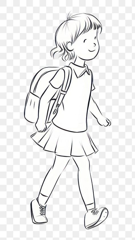 Girl With Backpack Drawing, Girl Walking Drawing, Footwear Drawing, Backpack Illustration, Backpack Drawing, Bag Illustration, Girl Walking, Line Artwork, Vector Line