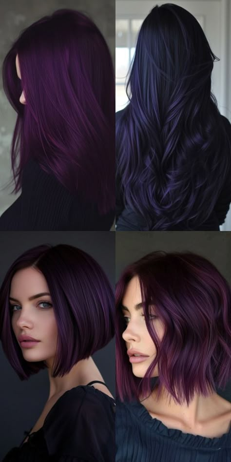 Jewel Tone Hair Color Dark, Purple Hair Olive Skin, Purple Hair Dye Ideas For Brunettes, Purple Hair Green Eyes, Midnight Purple Hair, Purple Hair Ideas, Dark Purple Hair Color, Cherry Hair Colors, Hairdressing Training