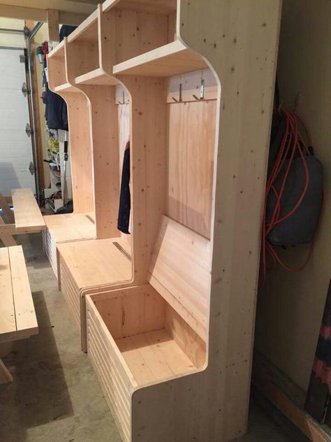 Garage Sports Lockers, Workshop Storage Drawers, Hockey Gear Storage Cubbies, Mudroom Gear Storage, Diy Garage Lockers With Bench, Kids Winter Gear Storage, Hockey Locker Diy, Hockey Lockers In Garage, Garage Locker Ideas