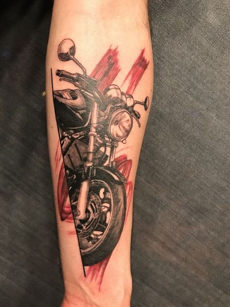 Motorcycle Forearm Tattoo, Trash Polka Motorcycle Tattoo, Moto Tattoo Ideas, Motorcycle Tattoo Designs, Memorial Tattoo Sleeves, Tattoos Motorcycle, Motorbike Tattoo, Moto Tattoo, Biker Tattoos Designs