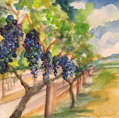 Watercolor Grape Vines, Vineyard Watercolor Painting, Vineyard Watercolor, Wall Murals Painted Diy, Vineyard Art, Watercolor Paintings Nature, Watercolor Tips, Watercolor Projects, Landscape Art Painting