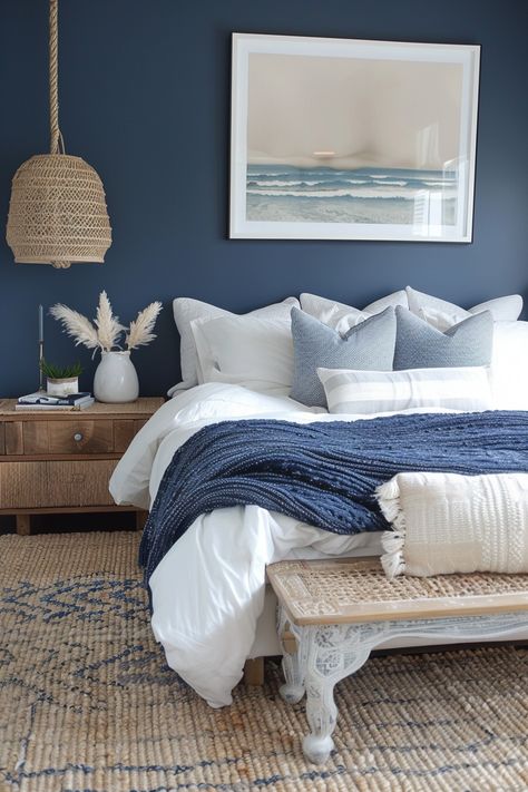 Ocean Aesthetic Bedroom, Blue Ocean Aesthetic, Beach Apartment Decor, Coastal Bedroom Decor, Costal Bedroom, Coastal Bedroom Ideas, Navy Blue Bedrooms, House Bedroom Ideas, Coastal Bedroom Decorating