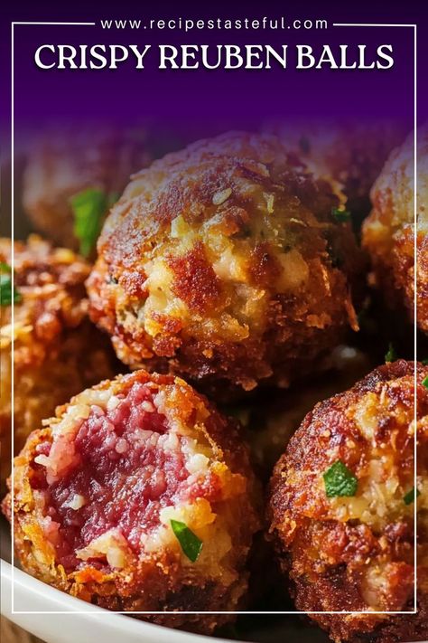 Savory bites of corned beef, sauerkraut, and Swiss cheese, coated in a crunchy breadcrumb coating, these Crispy Reuben Balls are the perfect appetizer for any occasion. Fried to golden perfection, they deliver all the flavors of a classic Reuben sandwich in a convenient, bite-sized form. Reuben Balls With Spicy Thousand Island Dipping Sauce, Sauerkraut Balls With Corned Beef, Reuben Balls Recipe, Crispy Reuben Balls, Rueben Balls, Ruben Balls, Corned Beef For Reuben, Reuben Fritters, Reuben Appetizer