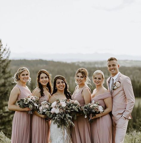 Blush Bridal Party Groomsmen, Bridal Party With Man Of Honor, Bridesman Male Bridesmaid Outfit, Bridesmaid And Bridesman, Maid Of Honor Best Man Photos, Pink Bridesmaids With Groomsmen, Bridesman Male Bridesmaid, Male Bridesmaid, Groomsmen Dress