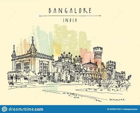 Illustration about Bangalore Bengaluru, Karnataka, India. Beautiful Bangalore palace. Travel sketch. Vintage hand drawn postcard template. Vector illustration. Illustration of drawn, karnataka, lawn - 209957393 Bangalore Palace, Indian Postcard, Cityscape Drawing, Bangalore City, Architecture Sketches, Pen Art Work, Travel Art Journal, City Sketch, Nature Background Images