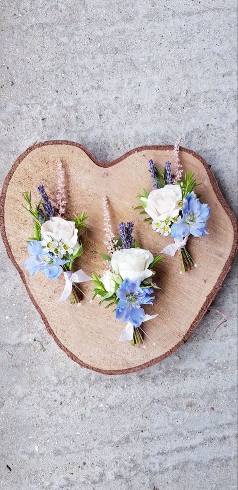 Spring Wildflower Boutonniere, Wildflower Buttonholes Wedding, Pastel Buttonholes, Spring Buttonholes, Pastel Corsage, Buttonholes Wedding, Hoco Flowers, Mum Wedding, Blue Boutonniere