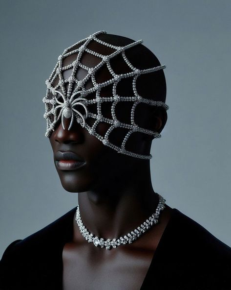 Imagine if Arachne herself had woven platinum instead of silk, her tapestries not just a myth but a mirror to the soul of the Renaissance.… | Instagram Spider Fashion Design, Fashion Mask Design, Tapestry Clothes, Wearable Sculpture Headpieces, Spider Mask, Mirror Mask, Elaborate Headdress, Spider Fashion Haute Couture, Luxury Avant-garde Headpieces