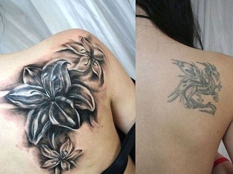 Shoulder Cover Up Tattoos, Cover Up Tattoos Before And After, Tattoo Covering, Tattoo Lily, Cover Up Tattoo Ideas, Up Tattoo Ideas, Flower Cover Up Tattoos, Tattoo Cover Up Ideas, Cover Up Ideas