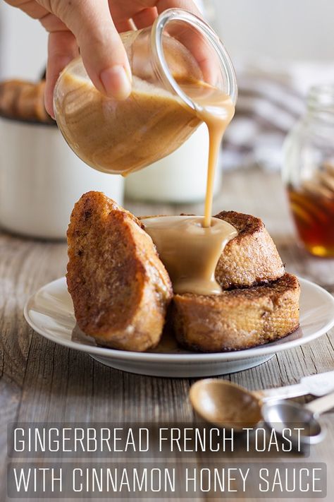 Gingerbread French Toast with Cinnamon Honey Sauce Recipe. A great breakfast-in-bed or brunch recipe with a hint of Christmas & mouth-watering sauce. #happyfoodstube #gingerbread #french #toast #cinnamon #honey #sauce #breakfast #recipe #christmas via @happyfoodstube Gingerbread French Toast, French Toast With Cinnamon, French Toast Cinnamon, Honey Sauce Recipe, Easy Christmas Breakfast, Christmas Breakfast Recipe, Cinnamon Honey, Honey Sauce, Brunch Recipe