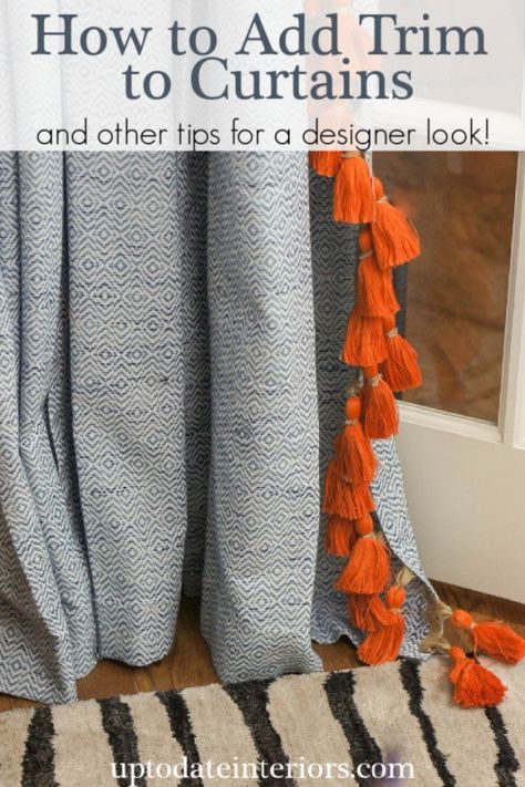 No-Sew Designer Curtains on a Budget:  Follow this easy step by step guide to turn your ho-hum curtain panels into ones you'll be proud of!!   Click over to for the full tutorial and other tips to customize store-bought curtains.  | adding trim to curtains | how to embellish plain curtains | adding tassels to curtains #diyhomedecor #interiordesign Adding Trim To Curtains, Pole Barn Loft Ideas, Curtain Designs For Bedroom, Bedroom Eclectic, Curtain Trim, Blogger Home, Cool Kids Bedrooms, Pantry Wall, Buy Curtains