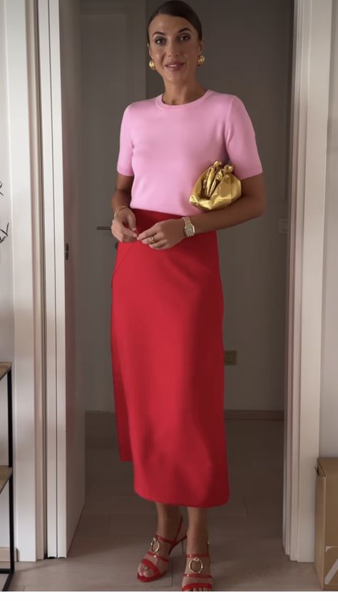 Hot Pink Work Outfit, Silk Red Skirt Outfit, Hot Pink Tank Top Outfit Winter, Pink Silk Skirt Outfit Summer, How To Style Red Skirt, Summer 2025 Trends Fashion, Red Top Pink Skirt, Pink Corporate Outfit, Red Silk Skirt Outfit