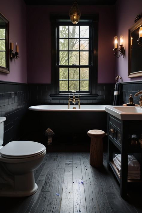 Goth Home Color Palette, Purple Tile Bathroom Ideas, Vintage Purple Bathroom, Dark Plum Bathroom, Moody Bathroom Aesthetic, Dark Plum Walls, Dark Mauve Bathroom, Plum Colored Bathroom, Goth Home Paint Colors