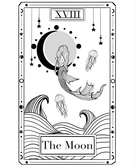 My concept for tarot card number 18: The Moon. The moon reminds me of the ocean and the ocean makes me think of mermaids. And that’s how I came up with this idea! #art #artist #tarot #tarotcards #artwork #mermaid #moon #ocean Digital Tarot Cards, Mermaid Tarot Cards, Mermaid Tarot Card Tattoo, The Moon Tarot Card Drawing, Moon Tarot Card Drawing, Tarot Cards Moon, La Luna Tattoo, Paddle Tattoo, Mermaid Sleeve Tattoos