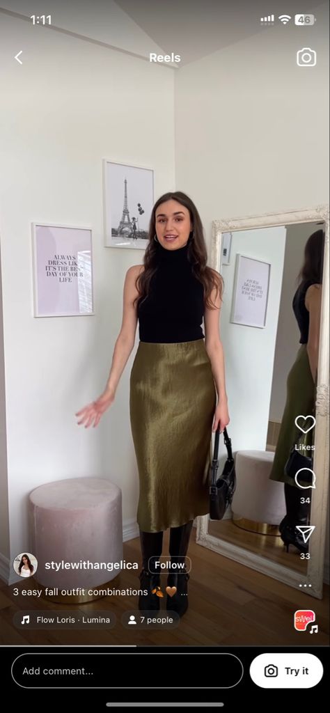 Silk skirt, mock tank, boots Green Silk Skirt Outfit, Silk Skirt And Sweater, Midi Skirt Boots, Green Skirt Outfits, Green Silk Skirt, Silk Skirt Outfit, Silk Midi Skirt, Skirts With Boots, Cold Weather Fashion