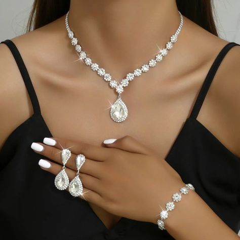 Fashion Jewelry Bridal Jewelry Suit Necklace Ear Stud Bracelet Three-piece Set. Order now visit website mallamerica.store Diamond Rings Jewelry, Customize Jewelry, Female Accessories, Necklaces Diamond, Rhinestone Material, Rings Gemstone, Bridal Fashion Jewelry, Diamond Necklace Set, Gemstone Necklaces