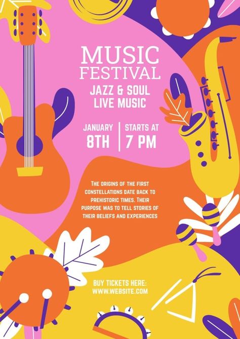 Hand-drawn Waves Jazz & Soul Music Festival Poster Music Festival Posters Graphic Design, Summer Festival Poster Design, Art Festival Poster Design, Music Festival Poster Design Inspiration, Festival Lineup Poster, Music Concert Poster, Art Festival Poster, Festival Lineup, Groovy Aesthetic