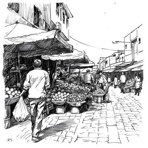 Pencil Sketch of a Bustling Market Scene (free printable PDF black-and-white line drawing idea suitable for all, from beginners to advanced learners, including children, teens, adults, and seniors) Market Scene Sketch, Market Scene Drawing, Market Scene Drawing Easy, Market Drawing Sketches, Sketch Drawing Ideas, Easy Hair Drawings, Easy Skull Drawings, Easy Butterfly Drawing, Thanksgiving Drawings