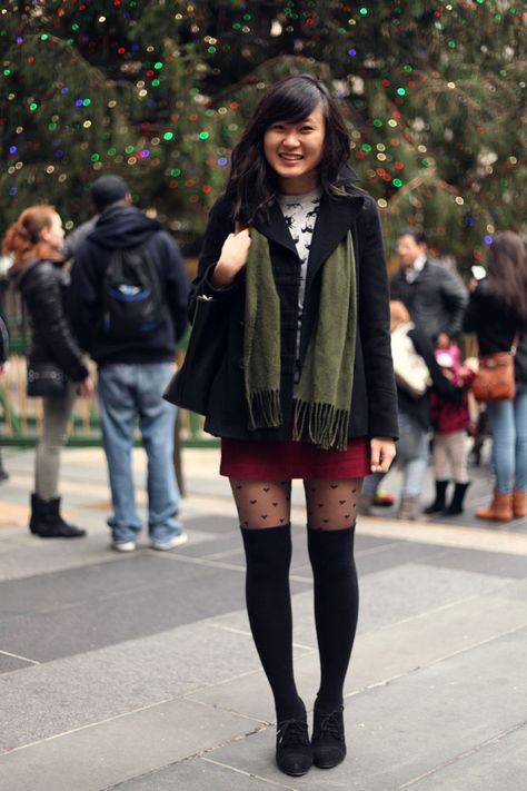 The cutest way to wear heart tights and over the knee socks. Thursday office look written all over it Knee Socks Outfits, Socks Outfit, High Boots Outfit, Sock Outfits, Patterned Tights, Over The Knee Socks, Next Clothes, Knee Socks, Casual Winter Outfits