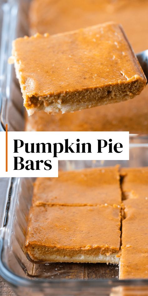 Easy pumpkin pie bars are made with a classic pumpkin pie filling and a 2 ingredient cake mix crust. Made in a 9x13 inch pan, these pumpkin pie bars with cake mix are quick to make with only 8 ingredients! Healthy Pumpkin Pie Bars, Paleo Pumpkin Pie Bars, Evaporated Milk Recipes, Creamy Pumpkin Pie, Pumpkin Pie Bars Recipe, Paleo Pumpkin Pie, Pumpkin Squares, Healthy Pumpkin Pies, Pie Bar Recipes