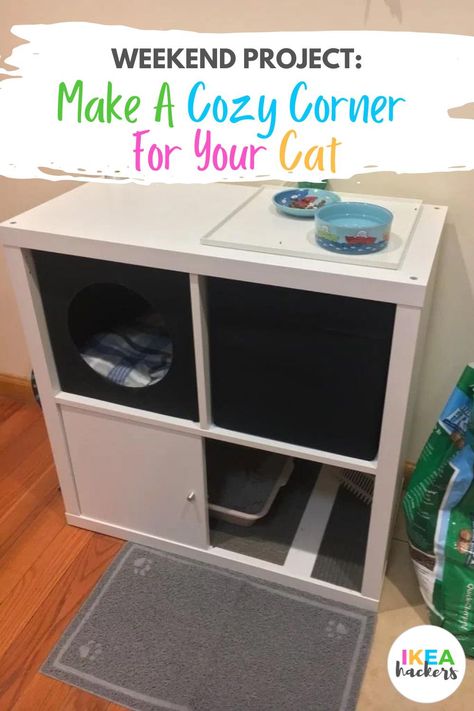 I decided to hack this item because I live in a small apartment and wanted to have a space for my cat. My cat corner is an easy way to store all of his things without taking up a lot of room.My favorite thing about this hack is that the litter is concealed. It helps mask the smell and isn’t all that noticeable. You can also make it unique to your pet — which I think is really great. Weekend project: Make a Cozy Corner for your Cat - IKEA Hackers Kitten Room Ideas Small Spaces, Small Cat Space Ideas, Kitten Corner Ideas, Cat Places In Home, Ikea Kallax Cat Hack, Cat Ikea Diy, Dorm Cat Setup, Cat Corner Ideas Bedroom, Kallax Cat Hack