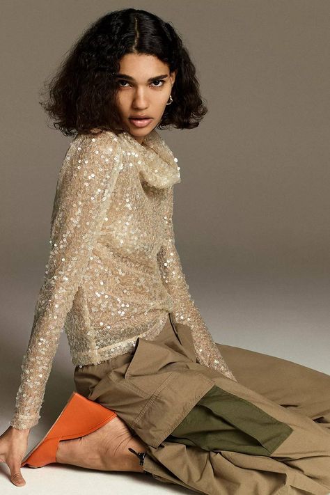 These 27 Anthropologie Finds That Should Be Viral | Who What Wear Sequin Turtleneck, Unique Women Tops, Peach Blouse, Bohemian Blouses, Gold Sequin, 50 Fashion, Boho Blouses, Sequin Top, Long Sleeve Tunic