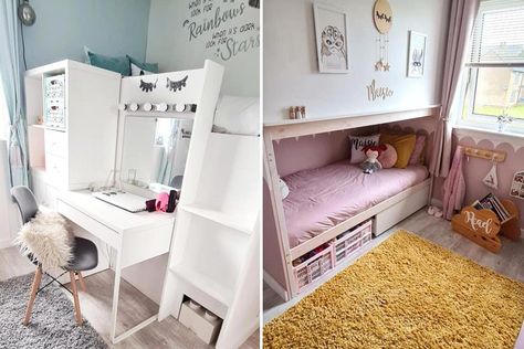 Thrifty mum uses bunk beds to split her daughters’ room in two so they can both have some space & it’s an instant hit Bunk Bed Hacks, Room With Bunk Beds, Kids Room Divider, Bunk Bed Room, Girls Bunk Beds, Diy Loft, Kids Shared Bedroom, Shared Bedroom, Shared Room