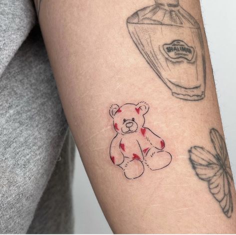 Bear With Heart Tattoo, Mom And Daughter Bear Tattoos, Jelly Cat Tattoo, Jellycat Tattoo, Teddy Bear Tattoo Designs, Honey Bear Tattoo, Stuffed Bunny Tattoo, Teddy Tattoo, Stuffed Animal Tattoo