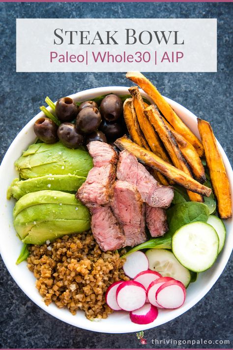 Look forward to your meal with this nutrient-dense, filling, and delicious steak bowl recipe. Easy to make and tons of flavor! Great for lunch or dinner and can be made ahead of time. Aip Lunch Ideas, Steak Bowl Recipe, Paleo Bowl, Aip Dinner Recipes, Aip Lunch, Camping Meal Plan, Steak Bowl, Paleo Beef Recipes, Aip Dinner