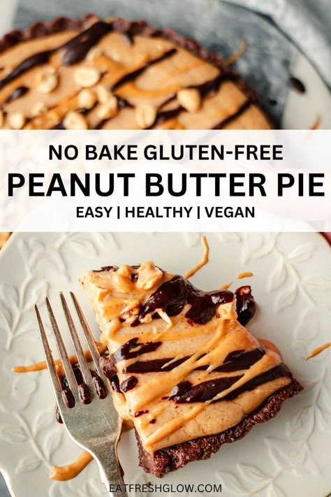 Slice of peanut butter pie with a fork on a white plate. Paleo Peanut Butter Pie, Gluten Free Chocolate Peanut Butter Pie, Gluten Free Peanut Butter Pie, Healthy Peanut Butter Pie, Vegan Peanut Butter Pie, Peanut Pie, Easy Peanut Butter Pie, Almond Flour Pie Crust, Bake Gluten Free