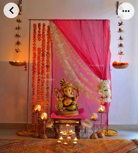 Ganapathi Pooja Decoration, Ganesh Chaturti Decorations Ideas, Ganesh Decorations At Home, Ganesh Decoration Ideas Home Decor Diy, Ganpati Pandal Decoration, Ganpati Murti Decoration, Diy Ganpati Decoration Ideas For Home, Ganesh Pandal Decoration Ideas, Diwali Puja Decorations At Home