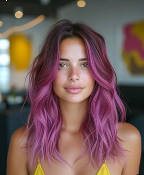 Pink Balayage Short Hair, Eggplant Purple Hair, Pink Gradient Hair, Vivid Balayage, Purple Pink Hair, Pink Purple Hair, Funky Hair, Gradient Hair, Colourful Hair