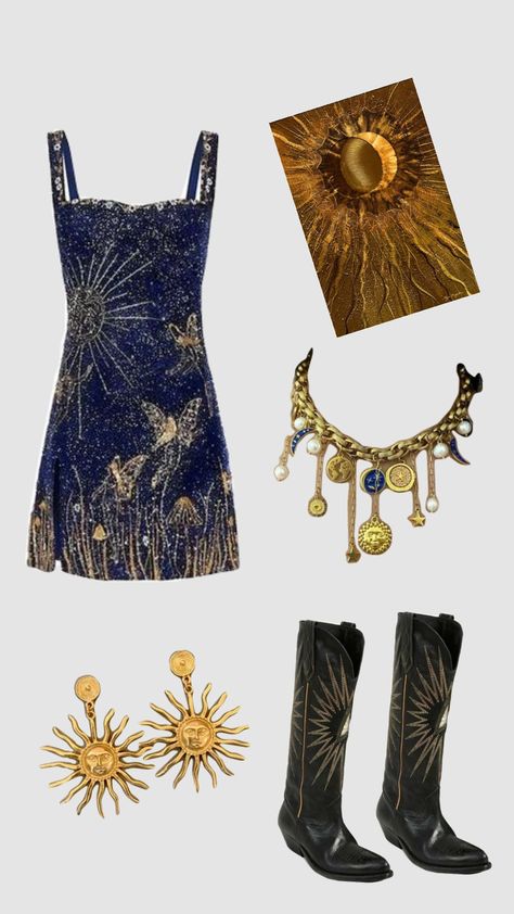 celestial night out outfitttt ✨️ Celestial Theme Outfit, Celestial Aesthetic Outfit, Celestial Outfit Ideas, Starry Night Outfit Ideas, Celestial Outfit Aesthetic, Blue And Gold Aesthetic, Celestial Outfit, Concert Outfit Aesthetic, Aesthetic Concert Outfit