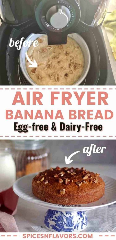 Banana Bread Egg Free, Eggs Air Fryer, Banana Bread No Eggs, Air Fryer Banana Bread, Recipe Banana Bread, Air Fryer Banana, Air Fryer Cake Recipes, Vegan Banana Bread Recipe, Recipe Banana