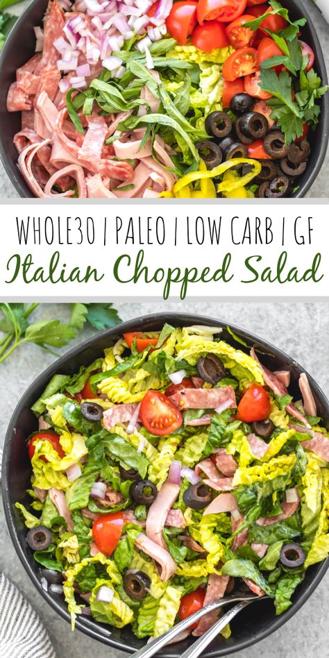 This easy Italian chopped salad is the perfect meal for lunch or dinner that requires no cooking, but is filling, healthy and loaded with vegetables! It's great for a light and fresh lunch, and still delicious enough to serve to guests. It's Whole30, paleo, keto/low carb, and gluten-free, and is a great way to clean all of those vegetables and deli meat out of the fridge! #whole30salad #whole30choppedsalad #ketosalad #lowcarbsalad #italiansalad #whole30recipes Tls Recipes Dinners, Whole30 Greek Salad, Whole 30 Dinner Ideas Easy, Filling Low Carb Dinners, Whole 30 No List, Whole 30 Dinner Casseroles, Defined Dish Whole 30 Recipes, Whole 30 Fruit Recipes, Cold Whole 30 Lunch Ideas