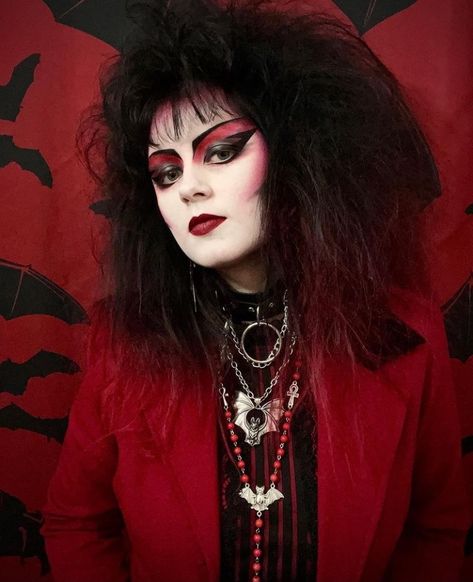 Goth 80s Makeup, Traditional Goth Makeup 80s, Red Trad Goth Makeup, Rainbow Goth Makeup, 80s New Wave Makeup, Heavy Goth Makeup, 80s Vampire Aesthetic, New Wave Makeup 80s, 90s Punk Makeup