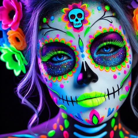 Pretty Sugar Skull Makeup, Rainbow Sugar Skull Makeup, Neon Sugar Skull Makeup, Colorful Catrina Makeup, Catrinas Neon Makeup, Bright Halloween Makeup, Neon Halloween Makeup, Colorful Skull Makeup, Neon Skull Makeup