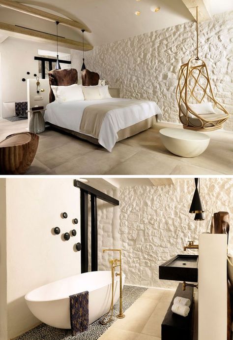 In this hotel guest room, a half-wall separates the sleeping area from the bathroom. Room Romantic, Pintu Interior, Interior Hotel, Half Walls, Hotel Room Design, Room Door Design, Room Door, Hotel Guest, Design Hotel