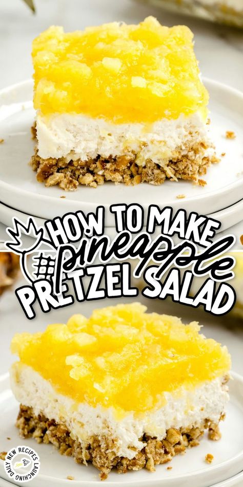 Pineapple Pretzel Salad Pineapple Pretzel Salad, Jello Pretzel Salad, Pretzel Desserts, Cool Whip Desserts, Baked Pineapple, Pretzel Salad, Pineapple Desserts, Fruity Cake, Fruit Salad Easy