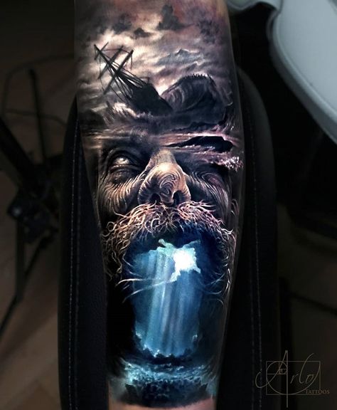 Arlo Tattoo, Kurt Tattoo, Tato 3d, Underwater Tattoo, Poseidon Tattoo, Pirate Tattoo, Nautical Tattoo, Geniale Tattoos, Mythology Tattoos