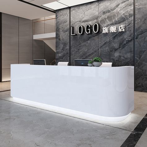 modern white reception desk, white wooden reception desk counter Reception Bar Design, Modern White Reception Desk, White Reception Counter, Receptionist Design, Office Reception Counters, Coworking Office Design, Front Desk Reception, Desk Board, White Reception Desk