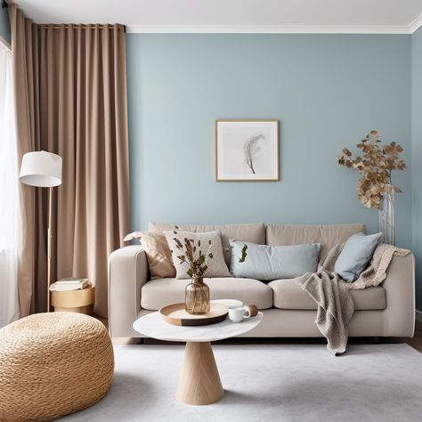 light blue living room with taupe accents Light Blue Gray Walls Living Room, Pale Blue And Beige Living Room, Beige Walls Blue Couch, Living Room Light Blue, Soft Blue Accent Wall, Beige Brown Blue Living Room, Beige Sofa Living Room Blue Walls, Light Blue Wall Living Room, Blue And Tan Office