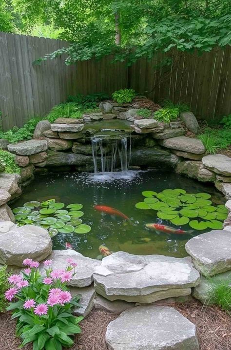 Corner Yard Landscaping Ideas, Small Backyard Ponds, Diy Ponds Backyard, Fish Pond Gardens, Backyard Ponds, Garden Pond Design, Backyard Pond, Small Pond, Garden Ponds