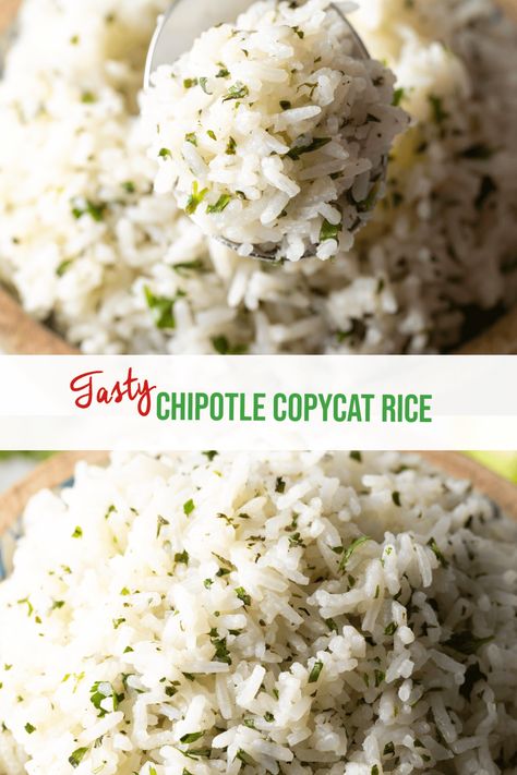 Copycat Chipotle Rice Recipe - This fluffy and delicious rice is loaded with fresh cilantro and lime for a flavorful, irresistible, and versatile side dish. It is so easy to make, and tastes way better than your favorite fast casual Tex-Mex restaurant! Cilantro Lime Rice Chipotle Copycat, Chipotle Lime Rice Copycat, Homemade Cilantro Lime Rice, Homemade Chipotle Burrito, Chipotle Rice Recipe Cilantro Lime, Homemade Flavored Rice, Pancheros Rice Recipe, Chipotle Brown Rice Recipe, Cilantro Lime Rice In Rice Cooker