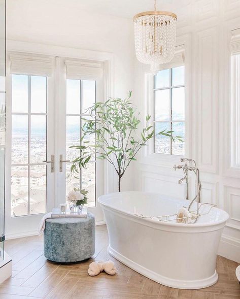 Aged Brass Chandelier, Bathroom Chandelier, Grey Bathrooms, Hudson Valley Lighting, Bath Tub, White Bathroom, Aged Brass, Hudson Valley, Amazing Bathrooms