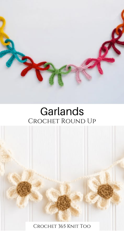 What a fun way to spice up your home decor! #crochet #crochetgarland #crochet365knittoo #crochetpattern #crochetgarlandpattern #crochethomedecor #crochetdecor Crochet House Decoration, Crochet Stocking Garland Pattern Free, Crochet Flower Garland Tutorial, Crochet Flower Banner, Free Crochet Room Decor Patterns, Crochet Banner Pattern, Free Garland Crochet Patterns, Flower Garland Decor, Crochet Projects Home Decor