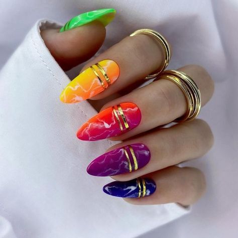 Vibrant Neon Summer Nails 2024: Dazzling Designs for Every Style Rainbow Nail Art Designs, Rainbow Nails Design, Rainbow Nail Art, Long Nail Designs, Cute Nail Art Designs, Cute Acrylic Nail Designs, Pink Nail Art, French Acrylic Nails, Nail Art Designs Diy