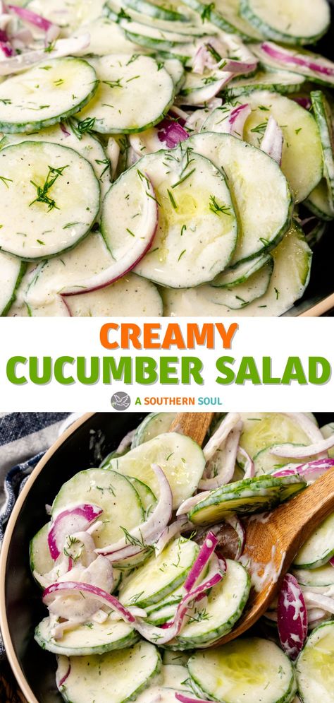 Resep Salad, Creamy Cucumber Salad, Creamy Cucumbers, Cucumber Recipes Salad, Cucumber Recipes, Cucumber Salad, Easy Salads, Tortellini, Vegetable Dishes