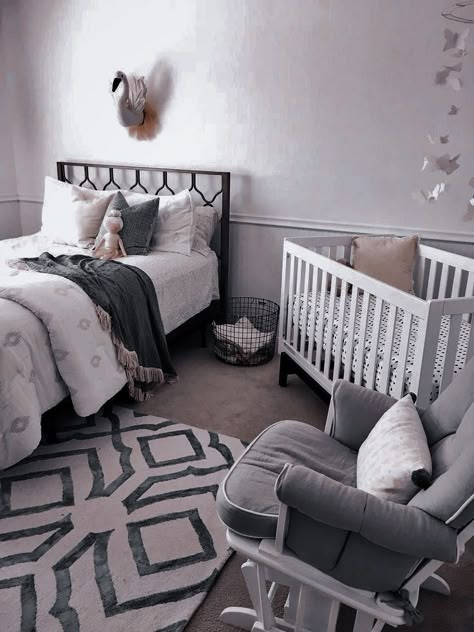 Nursery Bedroom Combo, Mommy And Baby Room Combined, Shared Baby Rooms, Nursery Guest Room Combo, Nursery Guest Room, Pink And Gray Nursery, Murphy Bed Ikea, Parents Room, Shared Bedroom