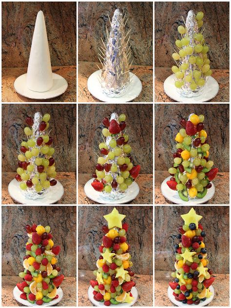 Christmas Party Fruit Ideas, Fruit Christmas Tree Cone, Fruit Tree Christmas, Christmas Fruit Display, Christmas Fruit Tree, Food Christmas Tree, Xmas Appetizers, Edible Fruit Arrangements, Christmas Tree Food